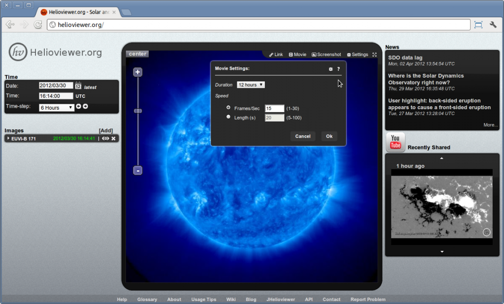 Screenshot showing new movie settings added in Helioviewer.org 2.3.0.