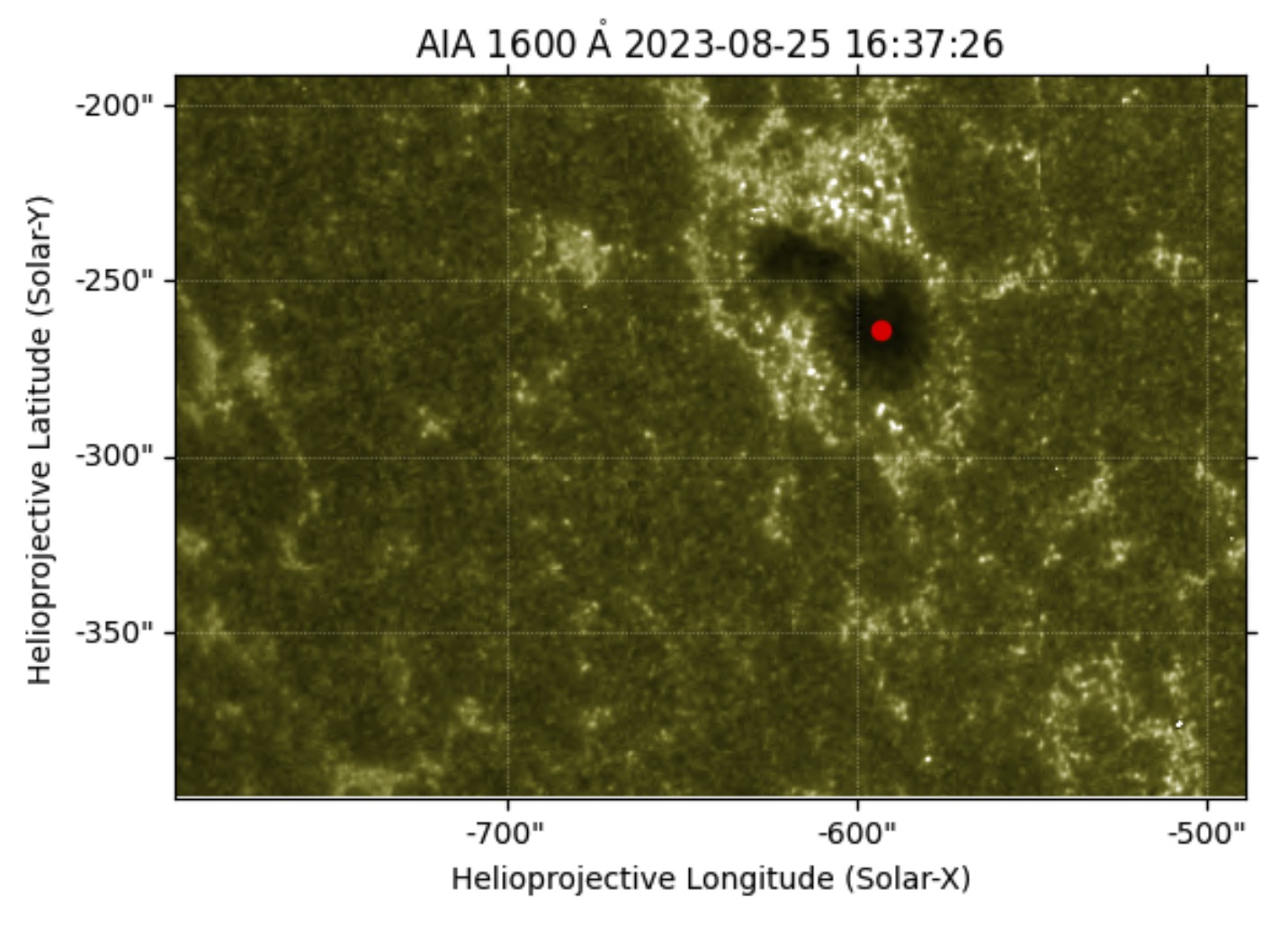 Image of the same sunspot and coordinates plotted with sunpy