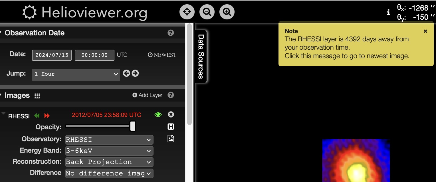 Image displays a screenshot of the warning about the time difference between the newest RHESSI Image (2012-07-05 23:58:09) and the specified observation date (2024-07-15 00:00:00)