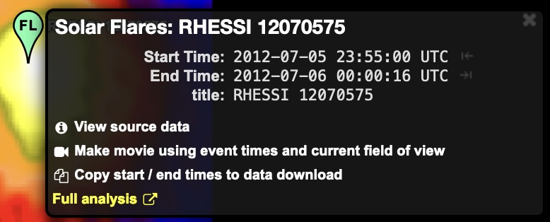 Image of RHESSI Flare event popup which contains the flare's start time, end time, and a link to the full analysis